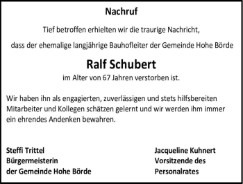 Traueranzeige von Ralf Schubert  von Magdeburger Volksstimme
