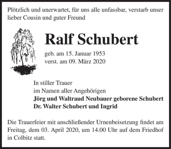 Traueranzeige von Ralf Schubert  von Magdeburger Volksstimme
