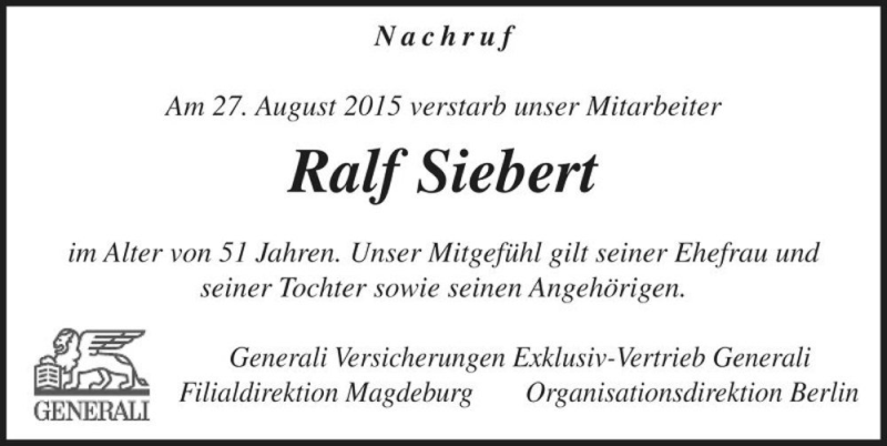 Traueranzeige für Ralf Siebert  vom 11.09.2015 aus Magdeburger Volksstimme