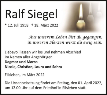 Traueranzeige von Ralf Siegel  von Magdeburger Volksstimme