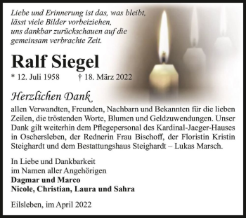 Traueranzeige von Ralf Siegel  von Magdeburger Volksstimme