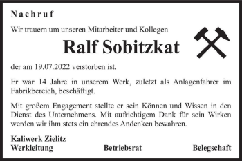 Traueranzeige von Ralf Sobitzkat  von Magdeburger Volksstimme