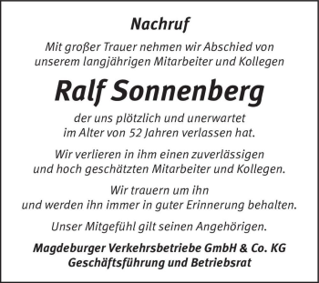 Traueranzeige von Ralf Sonnenberg  von Magdeburger Volksstimme