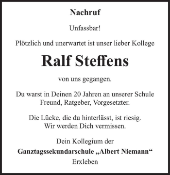 Traueranzeige von Ralf Steffens  von Magdeburger Volksstimme