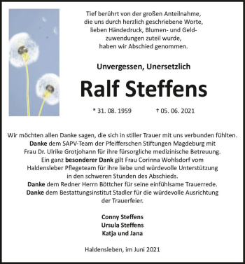 Traueranzeige von Ralf Steffens  von Magdeburger Volksstimme