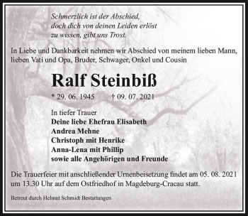 Traueranzeige von Ralf Steinbiß  von Magdeburger Volksstimme