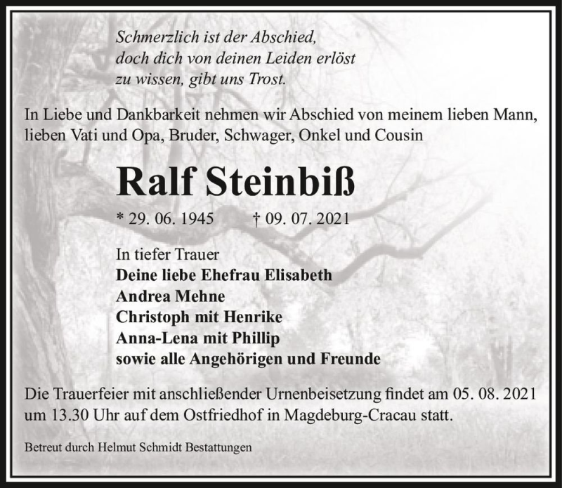  Traueranzeige für Ralf Steinbiß  vom 24.07.2021 aus Magdeburger Volksstimme