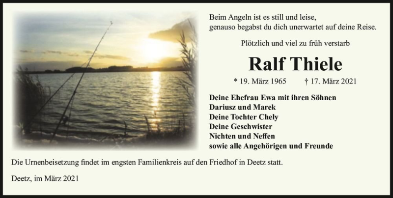  Traueranzeige für Ralf Thiele  vom 27.03.2021 aus Magdeburger Volksstimme
