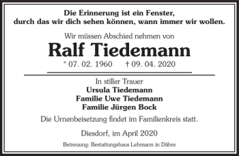 Traueranzeige von Ralf Tiedemann  von Magdeburger Volksstimme