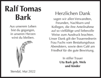 Traueranzeige von Ralf Tomas Bark  von Magdeburger Volksstimme