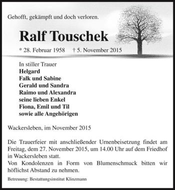 Traueranzeige von Ralf Touschek  von Magdeburger Volksstimme