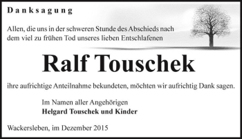 Traueranzeige von Ralf Touschek  von Magdeburger Volksstimme