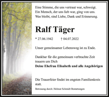 Traueranzeige von Ralf Täger  von Magdeburger Volksstimme