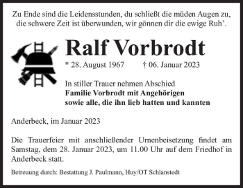 Traueranzeige von Ralf Vorbrodt  von Magdeburger Volksstimme