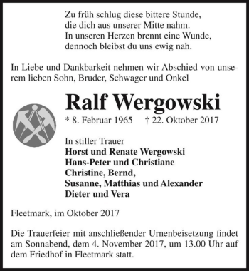 Traueranzeige von Ralf Wergowski  von Magdeburger Volksstimme