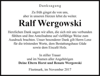 Traueranzeige von Ralf Wergowski  von Magdeburger Volksstimme