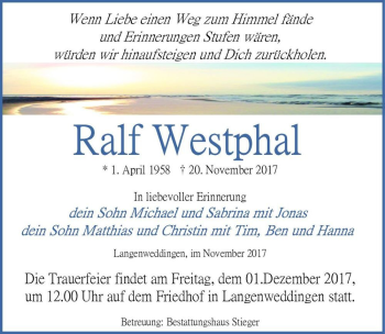 Traueranzeige von Ralf Westphal  von Magdeburger Volksstimme