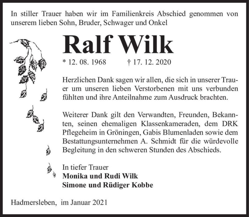  Traueranzeige für Ralf Wilk  vom 14.01.2021 aus Magdeburger Volksstimme
