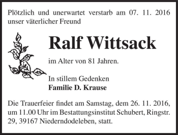 Traueranzeige von Ralf Wittsack  von Magdeburger Volksstimme