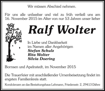 Traueranzeige von Ralf Wolter  von Magdeburger Volksstimme