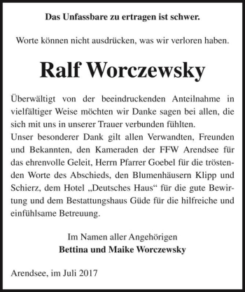Traueranzeige von Ralf Worczewsky  von Magdeburger Volksstimme