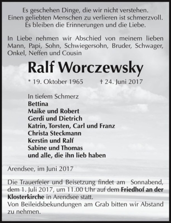 Traueranzeige von Ralf Worczewsky  von Magdeburger Volksstimme