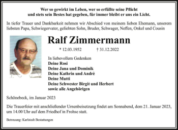 Traueranzeige von Ralf Zimmermann  von Magdeburger Volksstimme