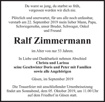 Traueranzeige von Ralf Zimmermann  von Magdeburger Volksstimme