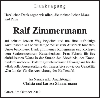 Traueranzeige von Ralf Zimmermann  von Magdeburger Volksstimme