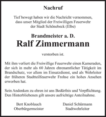 Traueranzeige von Ralf Zimmermann  von Magdeburger Volksstimme