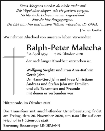 Traueranzeige von Ralph-Peter Malecha  von Magdeburger Volksstimme