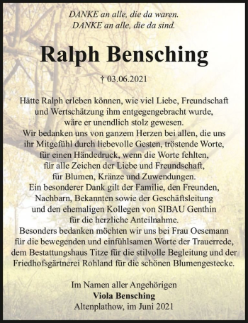 Traueranzeige von Ralph Bensching  von Magdeburger Volksstimme