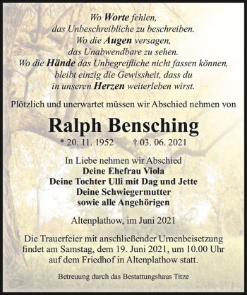 Traueranzeige von Ralph Bensching  von Magdeburger Volksstimme