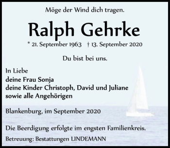 Traueranzeige von Ralph Gehrke  von Magdeburger Volksstimme