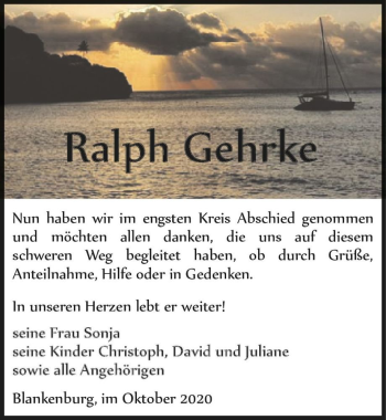 Traueranzeige von Ralph Gehrke  von Magdeburger Volksstimme