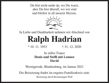 Traueranzeige von Ralph Hadrian  von Magdeburger Volksstimme