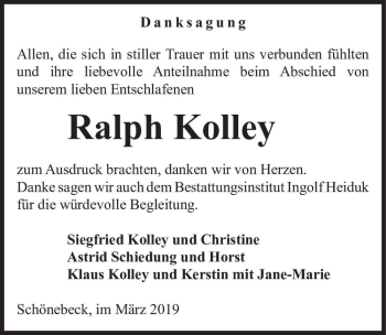 Traueranzeige von Ralph Kolley  von Magdeburger Volksstimme