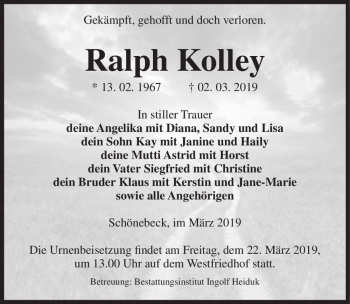 Traueranzeige von Ralph Kolley  von Magdeburger Volksstimme