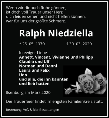 Traueranzeige von Ralph Niedziella  von Magdeburger Volksstimme