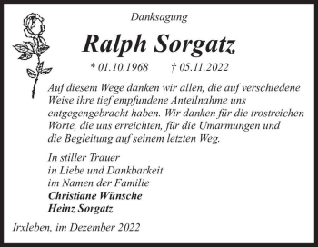 Traueranzeige von Ralph Sorgatz  von Magdeburger Volksstimme