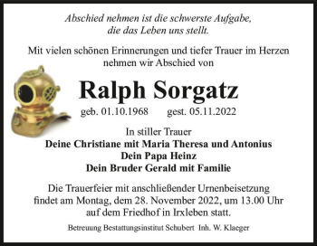 Traueranzeige von Ralph Sorgatz  von Magdeburger Volksstimme
