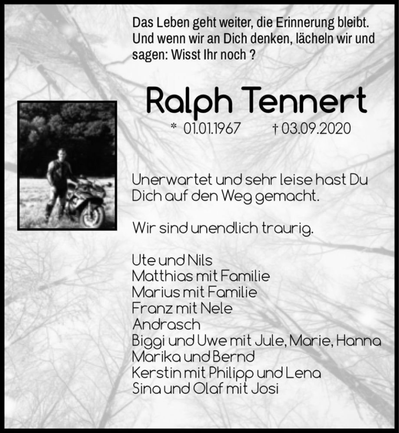  Traueranzeige für Ralph Tennert  vom 19.09.2020 aus Magdeburger Volksstimme