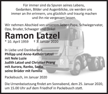 Traueranzeige von Ramon Latzel  von Magdeburger Volksstimme