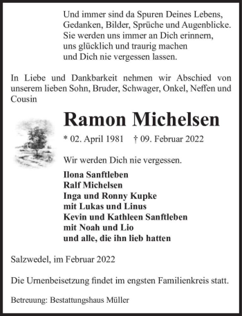 Traueranzeige von Ramon Michelsen  von Magdeburger Volksstimme