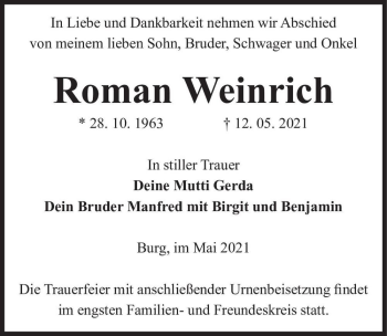 Traueranzeige von Ramon Weinrich  von Magdeburger Volksstimme