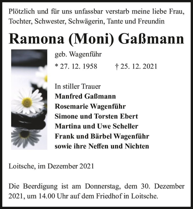  Traueranzeige für Ramona (Moni) Gaßmann (geb. Wagenführ)  vom 28.12.2021 aus Magdeburger Volksstimme