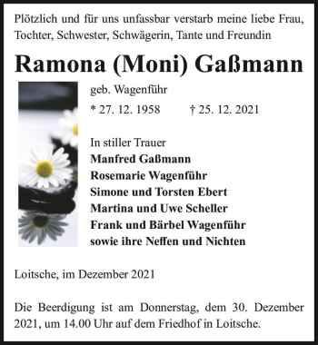 Traueranzeige von Ramona (Moni) Gaßmann (geb. Wagenführ)  von Magdeburger Volksstimme