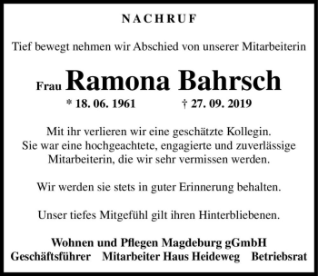 Traueranzeige von Ramona Bahrsch  von Magdeburger Volksstimme