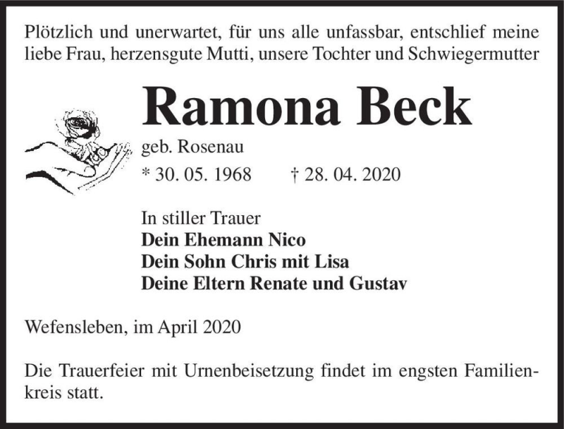  Traueranzeige für Ramona Beck (geb. Rosenau)  vom 02.05.2020 aus Magdeburger Volksstimme