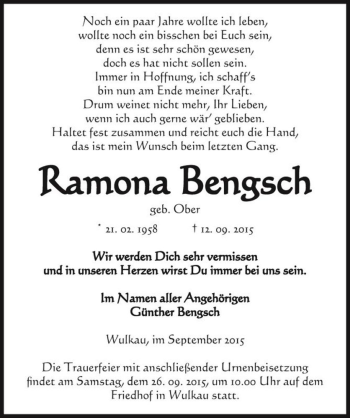 Traueranzeige von Ramona Bengsch (geb. Ober)  von Magdeburger Volksstimme